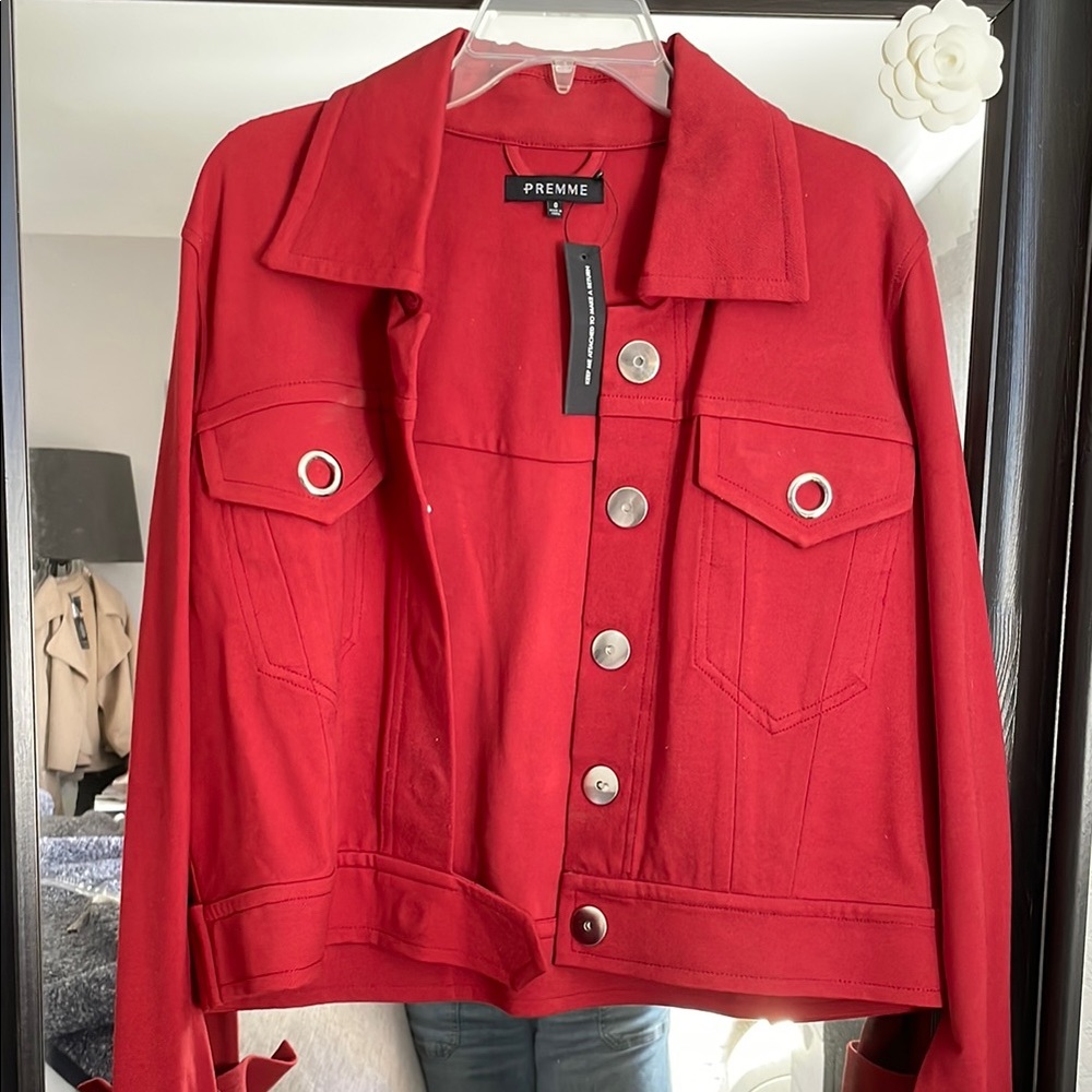 NWT PREMME Red Jean Jacket with Prominent Collar